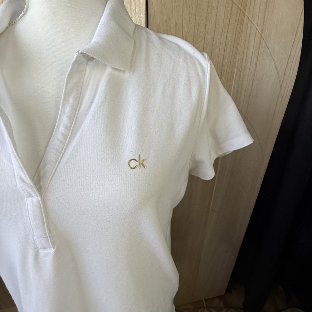 Calvin Klein Polo Womens Large White Short Sleeve Gold Logo Cotton Blend Top